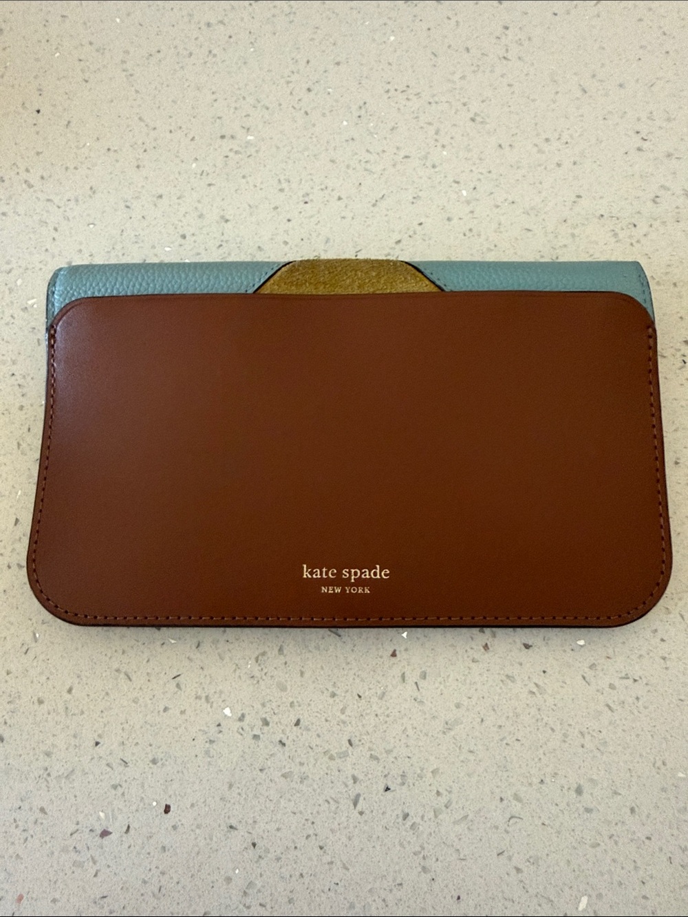kate spade Brown & Light Blue Leather Wallet with Gold Accent